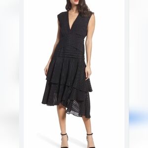 Keepsake black waterfall asymmetrical tiered midi dress